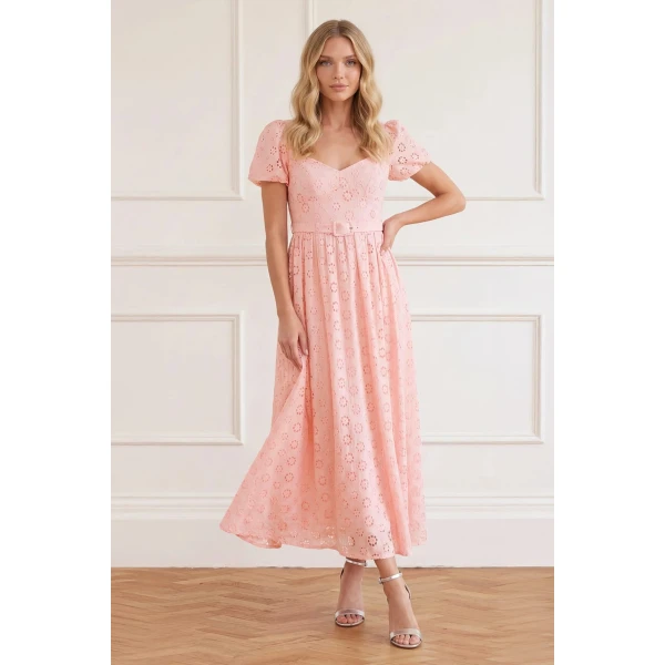 Needle & Thread Romilly Cotton Broderie Ankle Gown in Pale Pink/White - Dresses - British Luxury Evening Wear at Luxury Shoes 