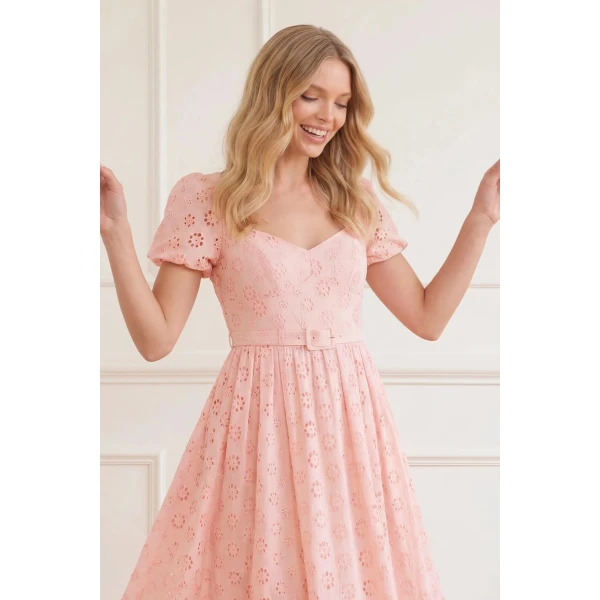 Needle & Thread Romilly Cotton Broderie Ankle Gown in Pale Pink/White - Dresses - British Luxury Evening Wear at Luxury Shoes 