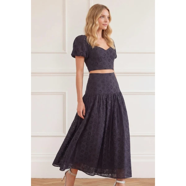 Needle & Thread Romilly Cotton Broderie Ankle Skirt in Jet Black - Skirts - British Luxury Evening Wear at Luxury Shoes 