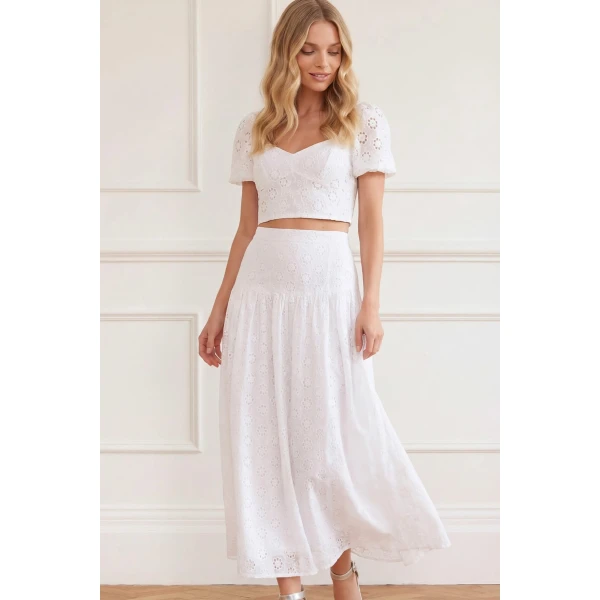 Needle & Thread Romilly Cotton Broderie Ankle Skirt in Optic White - Skirts - British Luxury Evening Wear at Luxury Shoes 