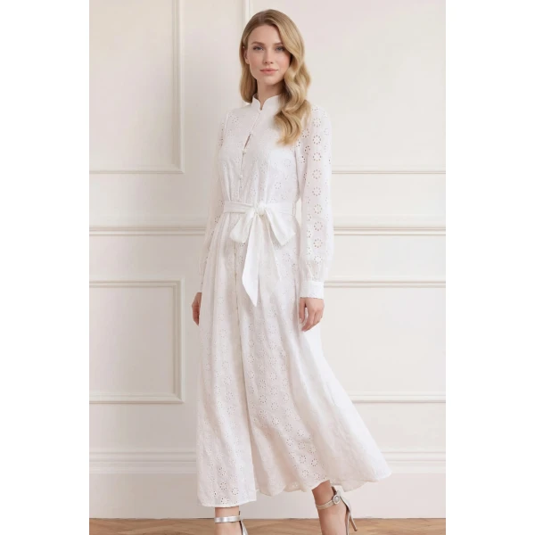 Needle & Thread Romilly Cotton Broderie Long Sleeve Shirt Dress in Optic White - Dresses - British Luxury Evening Wear at Luxury Shoes 
