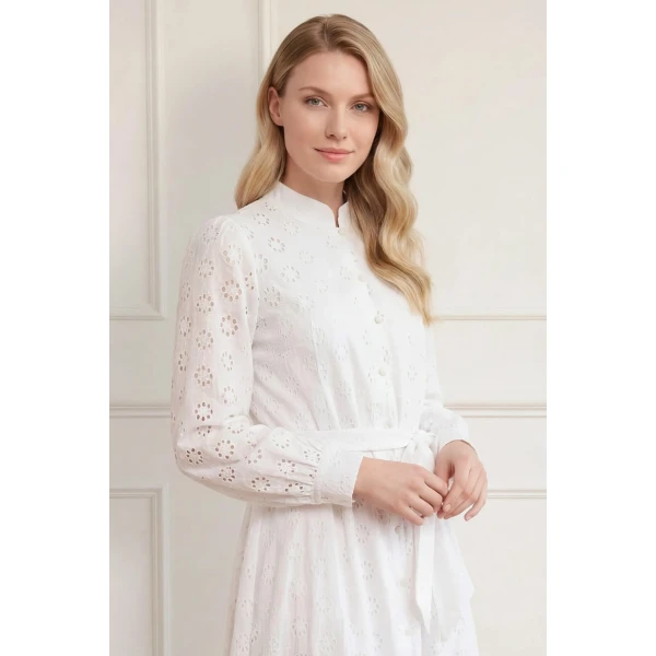 Needle & Thread Romilly Cotton Broderie Long Sleeve Shirt Dress in Optic White - Dresses - British Luxury Evening Wear at Luxury Shoes 