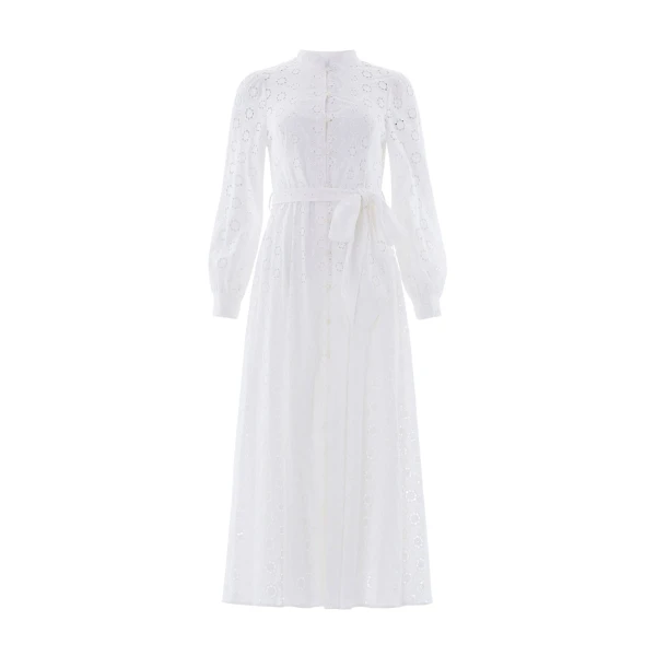 Needle & Thread Romilly Cotton Broderie Long Sleeve Shirt Dress in Optic White - Dresses - British Luxury Evening Wear at Luxury Shoes 