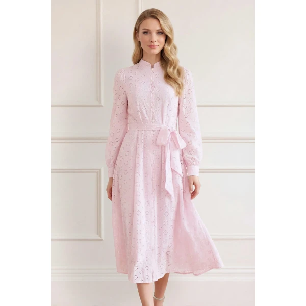 Needle & Thread Romilly Cotton Broderie Long Sleeve Shirt Dress in Shell - Dresses - British Luxury Evening Wear at Luxury Shoes 