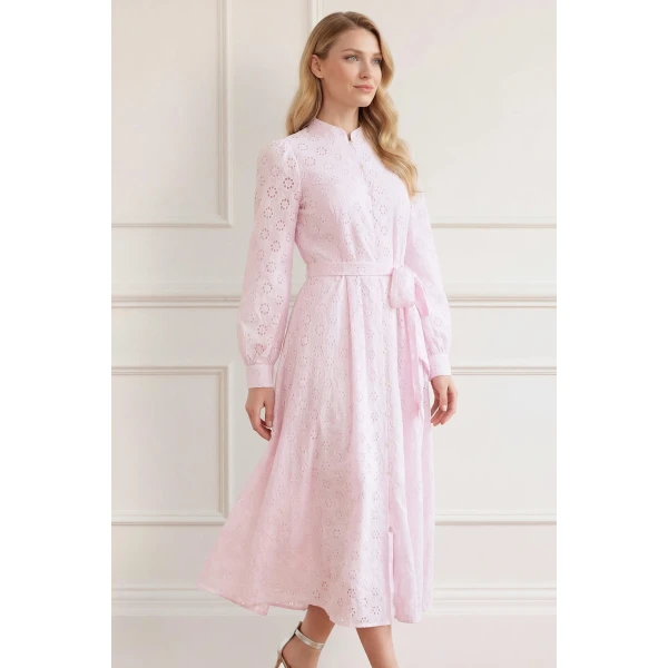 Needle & Thread Romilly Cotton Broderie Long Sleeve Shirt Dress in Shell - Dresses - British Luxury Evening Wear at Luxury Shoes 