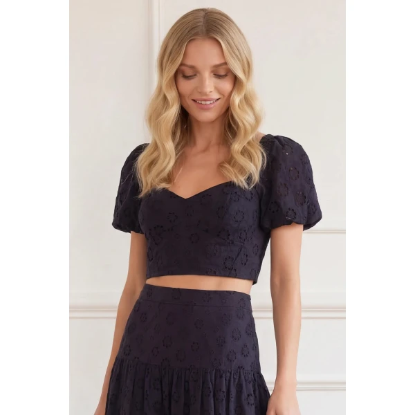 Needle & Thread Romilly Cotton Broderie Top in Jet Black - Tops - British Luxury Evening Wear at Luxury Shoes 