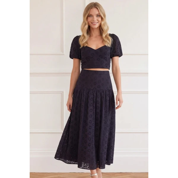 Needle & Thread Romilly Cotton Broderie Top in Jet Black - Tops - British Luxury Evening Wear at Luxury Shoes 