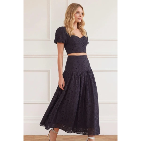 Needle & Thread Romilly Cotton Broderie Top in Jet Black - Tops - British Luxury Evening Wear at Luxury Shoes 