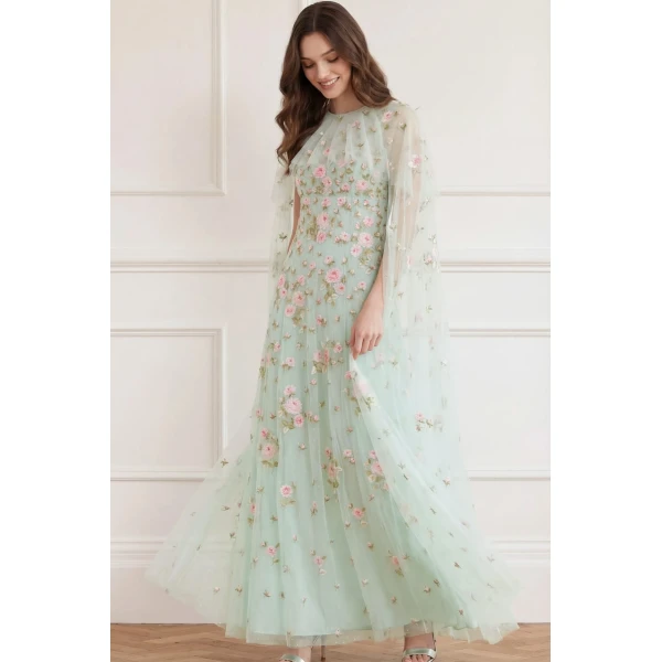 Needle & Thread Rose Bloom Cape Gown in Sea Mist - Dresses - British Luxury Evening Wear at Luxury Shoes 