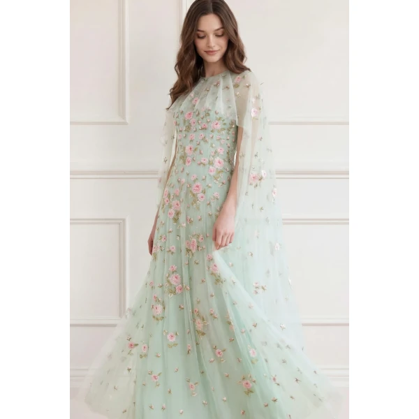 Needle & Thread Rose Bloom Cape Gown in Sea Mist - Dresses - British Luxury Evening Wear at Luxury Shoes 