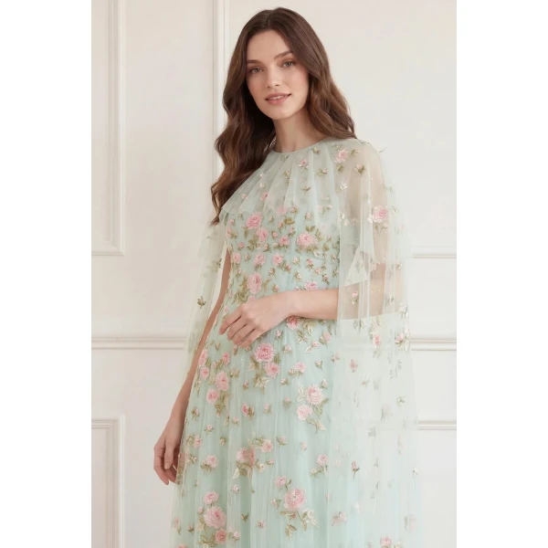 Needle & Thread Rose Bloom Cape Gown in Sea Mist - Dresses - British Luxury Evening Wear at Luxury Shoes 