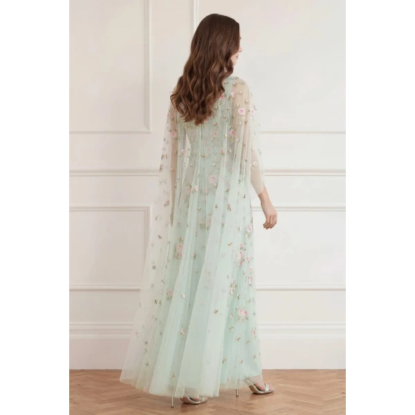 Needle & Thread Rose Bloom Cape Gown in Sea Mist - Dresses - British Luxury Evening Wear at Luxury Shoes 