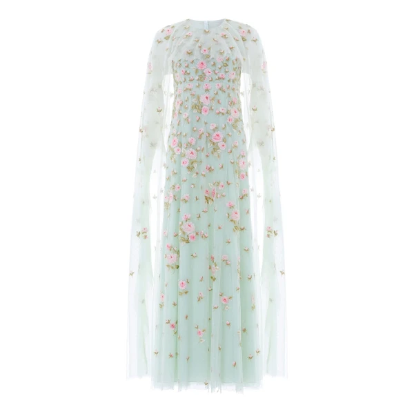 Needle & Thread Rose Bloom Cape Gown in Sea Mist - Dresses - British Luxury Evening Wear at Luxury Shoes 