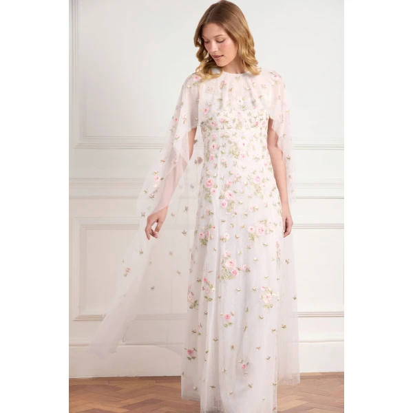 Needle & Thread Rose Bloom Cape Gown in Swan White - Dresses - British Luxury Evening Wear at Luxury Shoes 
