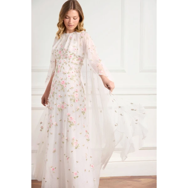 Needle & Thread Rose Bloom Cape Gown in Swan White - Dresses - British Luxury Evening Wear at Luxury Shoes 