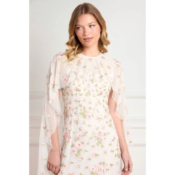 Needle & Thread Rose Bloom Cape Gown in Swan White - Dresses - British Luxury Evening Wear at Luxury Shoes 