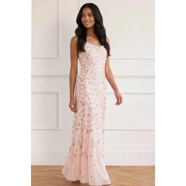 Needle & Thread Rose Bloom Georgette Gown in Shell - Dresses - British Luxury Evening Wear at Luxury Shoes 