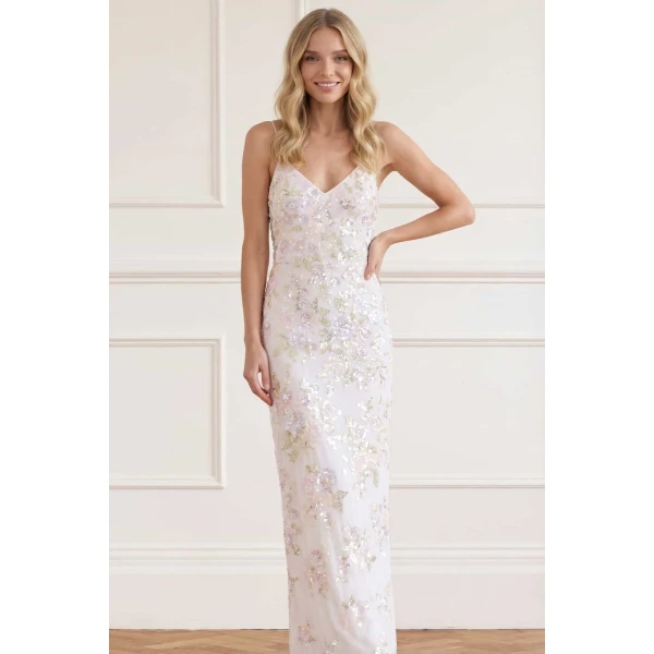 Needle & Thread Sequin Paradise Georgette Cami Gown in Swan White/Multi - Dresses - British Luxury Evening Wear at Luxury Shoes 