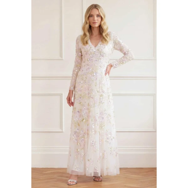 Needle & Thread Sequin Paradise V-Neck Gown in Swan White/Multi - Dresses - British Luxury Evening Wear at Luxury Shoes 