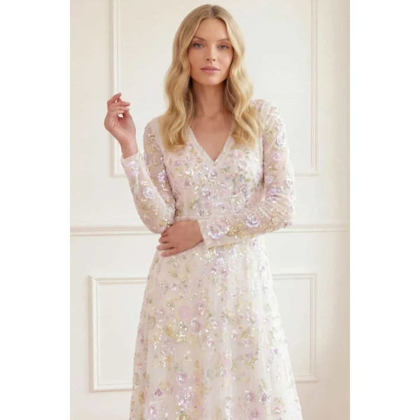 Needle & Thread Sequin Paradise V-Neck Gown in Swan White/Multi - Dresses - British Luxury Evening Wear at Luxury Shoes 