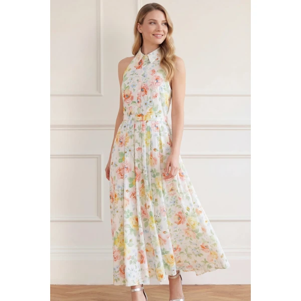 Needle & Thread Sienna Rose Cotton Halter Ankle Gown in Optic White - Dresses - British Luxury Evening Wear at Luxury Shoes 