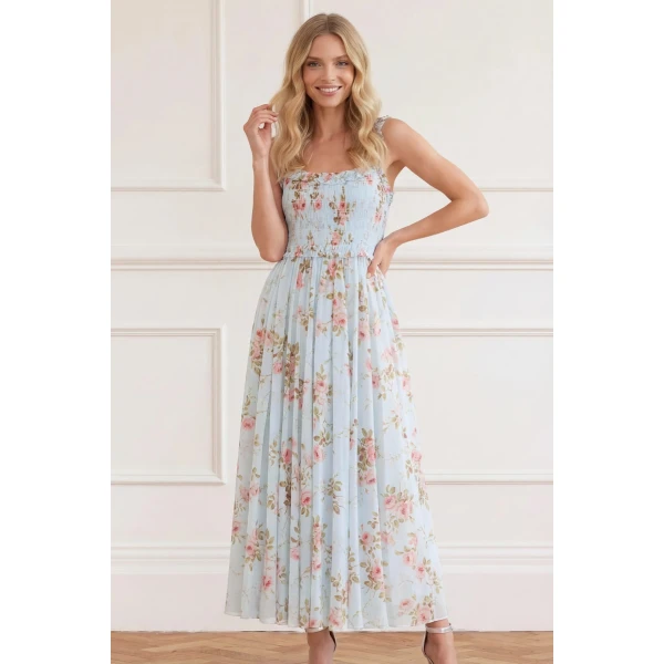 Needle & Thread Summer's Rose Chiffon Smocked Cami Ankle Gown in Aqua - Dresses - British Luxury Evening Wear at Luxury Shoes 
