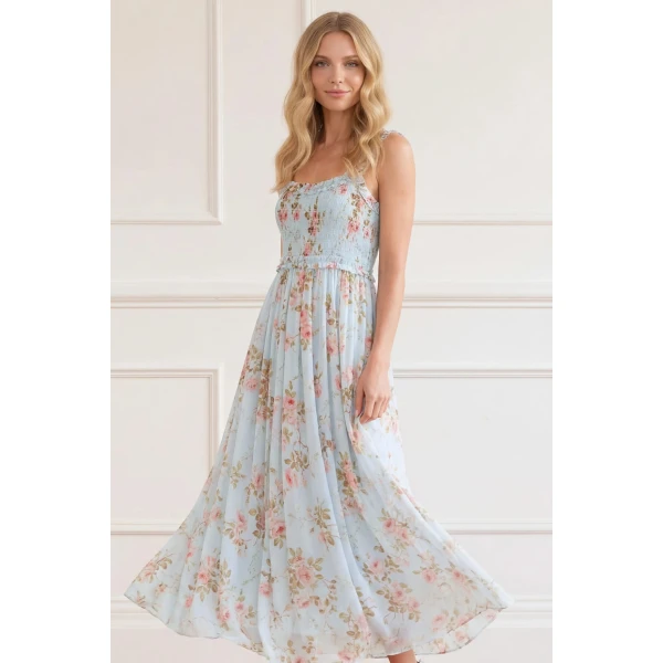 Needle & Thread Summer's Rose Chiffon Smocked Cami Ankle Gown in Aqua - Dresses - British Luxury Evening Wear at Luxury Shoes 