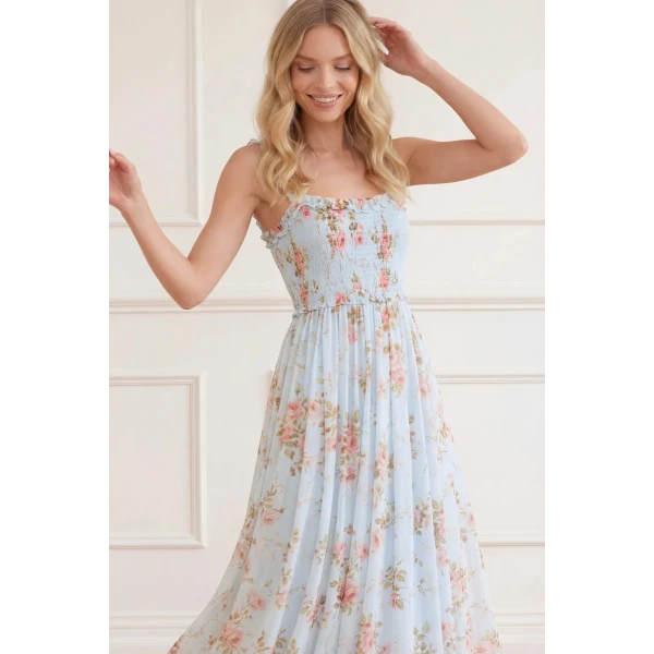 Needle & Thread Summer's Rose Chiffon Smocked Cami Ankle Gown in Aqua - Dresses - British Luxury Evening Wear at Luxury Shoes 