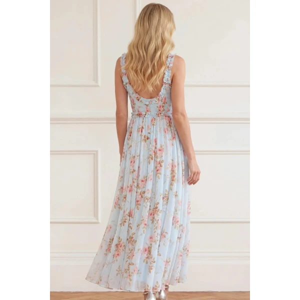 Needle & Thread Summer's Rose Chiffon Smocked Cami Ankle Gown in Aqua - Dresses - British Luxury Evening Wear at Luxury Shoes 