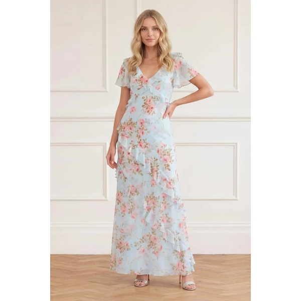 Needle & Thread Summer's Rose Georgette V-Neck Gown in Aqua - Dresses - British Luxury Evening Wear at Luxury Shoes 