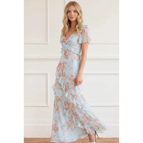 Needle & Thread Summer's Rose Georgette V-Neck Gown in Aqua - Dresses - British Luxury Evening Wear at Luxury Shoes 