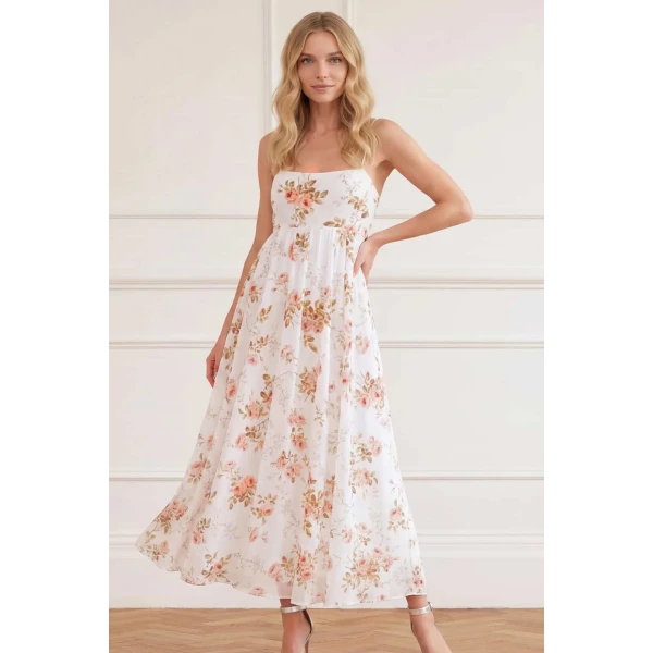 Needle & Thread Summer's Rose Linen Blend Cami Ankle Gown in White - Dresses - British Luxury Evening Wear at Luxury Shoes 