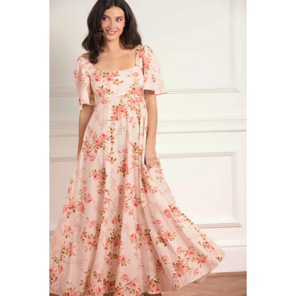Needle & Thread Summer's Rose Linen Blend Short Sleeve Ankle Gown in Pale Pink - Dresses - British Luxury Evening Wear at Luxury Shoes 