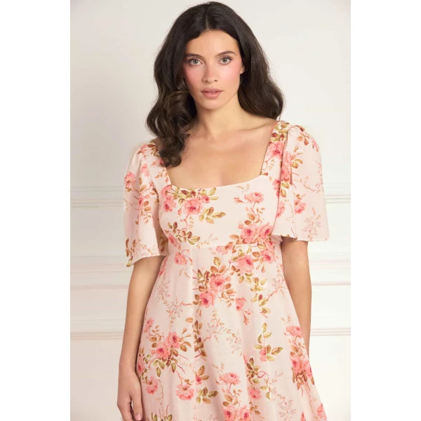 Needle & Thread Summer's Rose Linen Blend Short Sleeve Ankle Gown in Pale Pink - Dresses - British Luxury Evening Wear at Luxury Shoes 