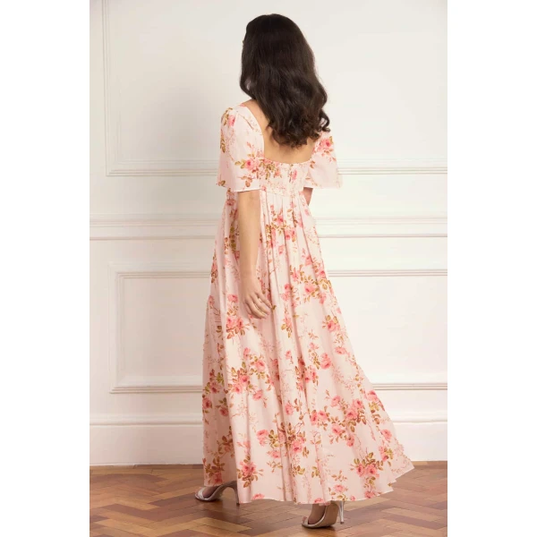 Needle & Thread Summer's Rose Linen Blend Short Sleeve Ankle Gown in Pale Pink - Dresses - British Luxury Evening Wear at Luxury Shoes 