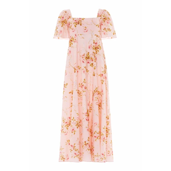 Needle & Thread Summer's Rose Linen Blend Short Sleeve Ankle Gown in Pale Pink - Dresses - British Luxury Evening Wear at Luxury Shoes 