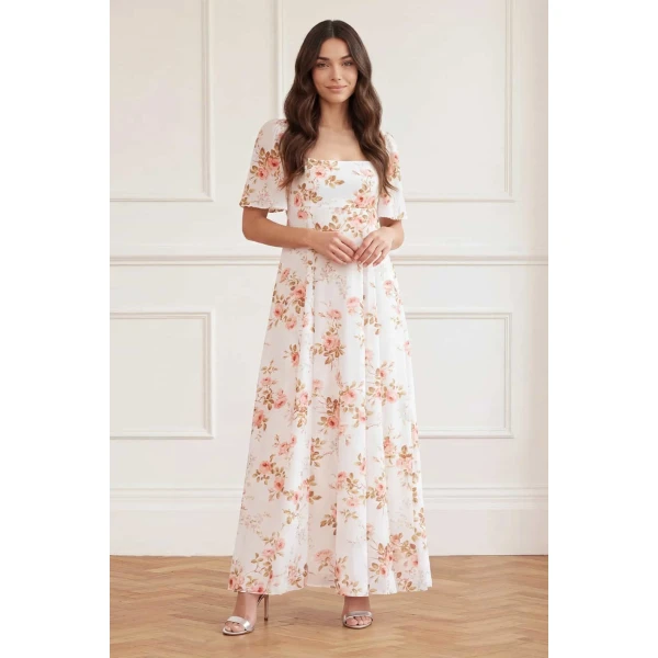 Needle & Thread Summer's Rose Linen Blend Short Sleeve Ankle Gown in White - Dresses - British Luxury Evening Wear at Luxury Shoes 