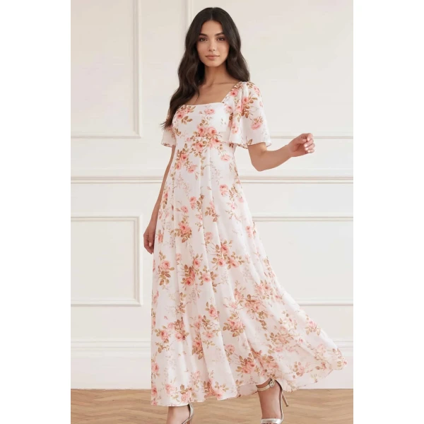 Needle & Thread Summer's Rose Linen Blend Short Sleeve Ankle Gown in White - Dresses - British Luxury Evening Wear at Luxury Shoes 
