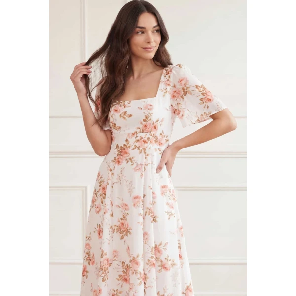 Needle & Thread Summer's Rose Linen Blend Short Sleeve Ankle Gown in White - Dresses - British Luxury Evening Wear at Luxury Shoes 