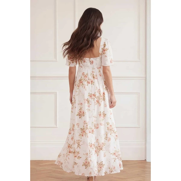 Needle & Thread Summer's Rose Linen Blend Short Sleeve Ankle Gown in White - Dresses - British Luxury Evening Wear at Luxury Shoes 