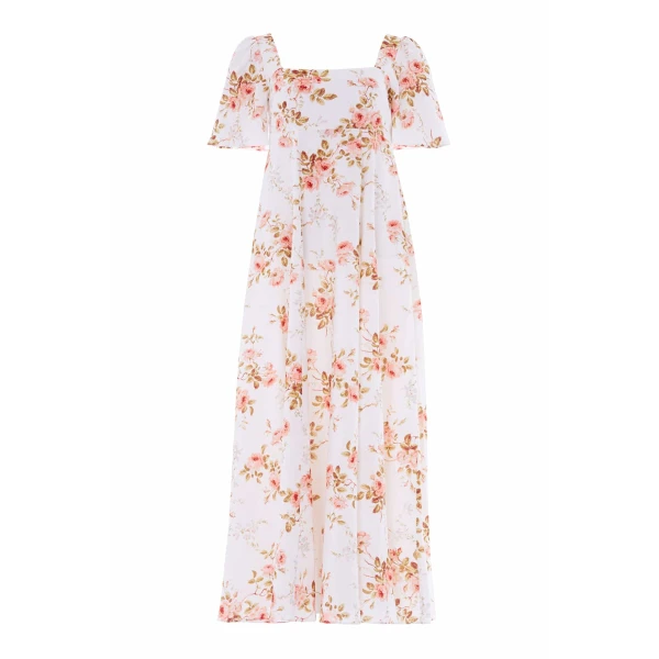 Needle & Thread Summer's Rose Linen Blend Short Sleeve Ankle Gown in White - Dresses - British Luxury Evening Wear at Luxury Shoes 