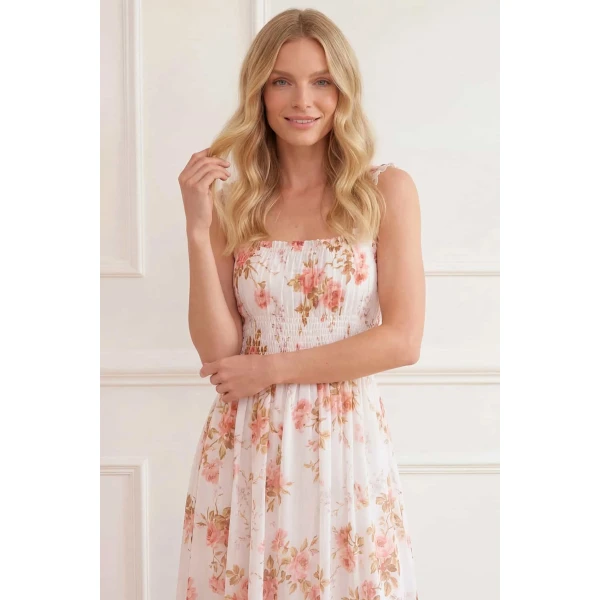 Needle & Thread Summer's Rose Shirred Ankle Gown in White - Dresses - British Luxury Evening Wear at Luxury Shoes 