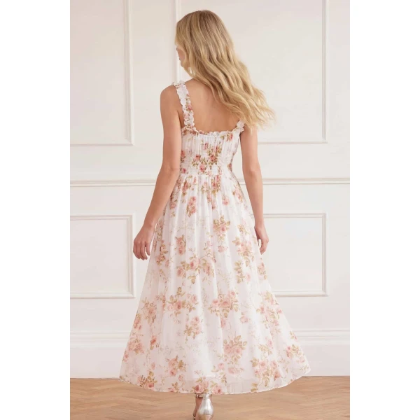 Needle & Thread Summer's Rose Shirred Ankle Gown in White - Dresses - British Luxury Evening Wear at Luxury Shoes 