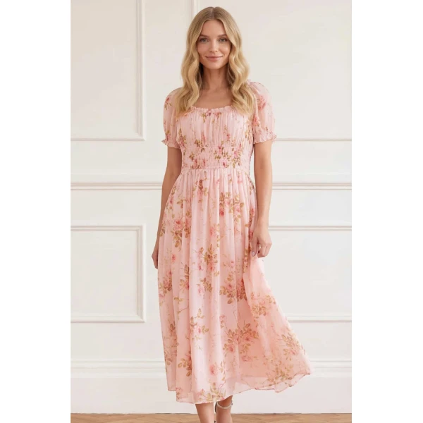 Needle & Thread Summer's Rose Shirred Short Sleeve Ballerina Dress in Pale Pink - Dresses - British Luxury Evening Wear at Luxury Shoes 