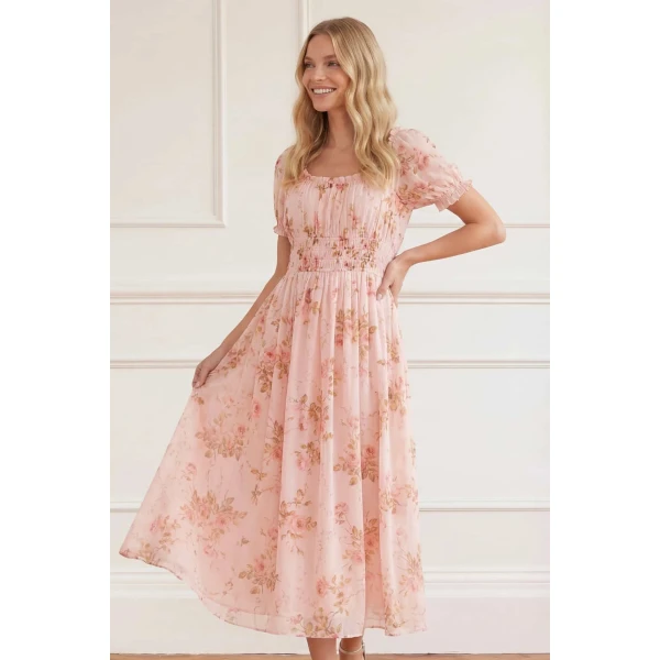 Needle & Thread Summer's Rose Shirred Short Sleeve Ballerina Dress in Pale Pink - Dresses - British Luxury Evening Wear at Luxury Shoes 