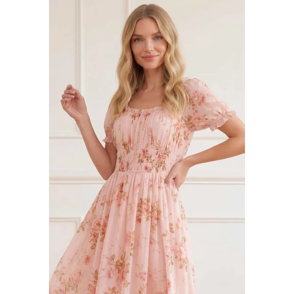 Needle & Thread Summer's Rose Shirred Short Sleeve Ballerina Dress in Pale Pink - Dresses - British Luxury Evening Wear at Luxury Shoes 