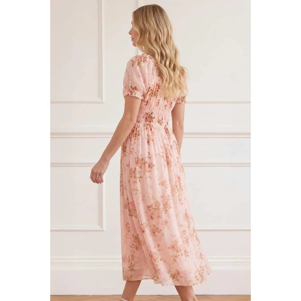 Needle & Thread Summer's Rose Shirred Short Sleeve Ballerina Dress in Pale Pink - Dresses - British Luxury Evening Wear at Luxury Shoes 