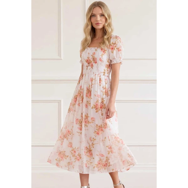 Needle & Thread Summer's Rose Shirred Short Sleeve Ballerina Dress in White - Dresses - British Luxury Evening Wear at Luxury Shoes 