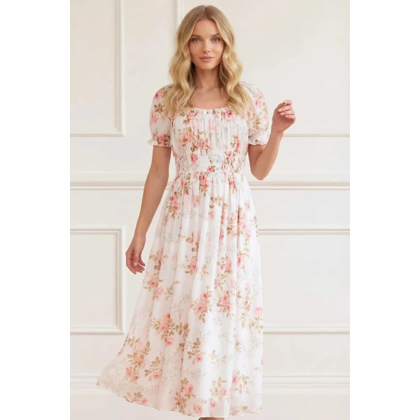 Needle & Thread Summer's Rose Shirred Short Sleeve Ballerina Dress in White - Dresses - British Luxury Evening Wear at Luxury Shoes 