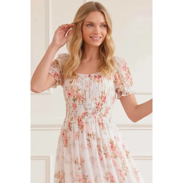 Needle & Thread Summer's Rose Shirred Short Sleeve Ballerina Dress in White - Dresses - British Luxury Evening Wear at Luxury Shoes 